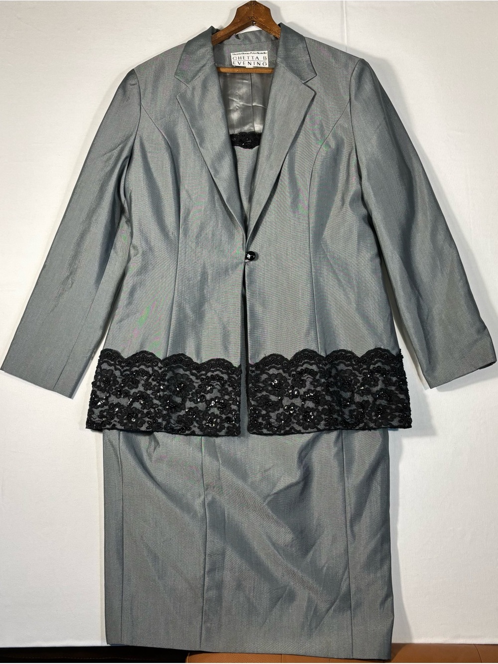 Chetta B Evening Women's 16 Gray 2-piece Jacket Dress with Black Lace Trim